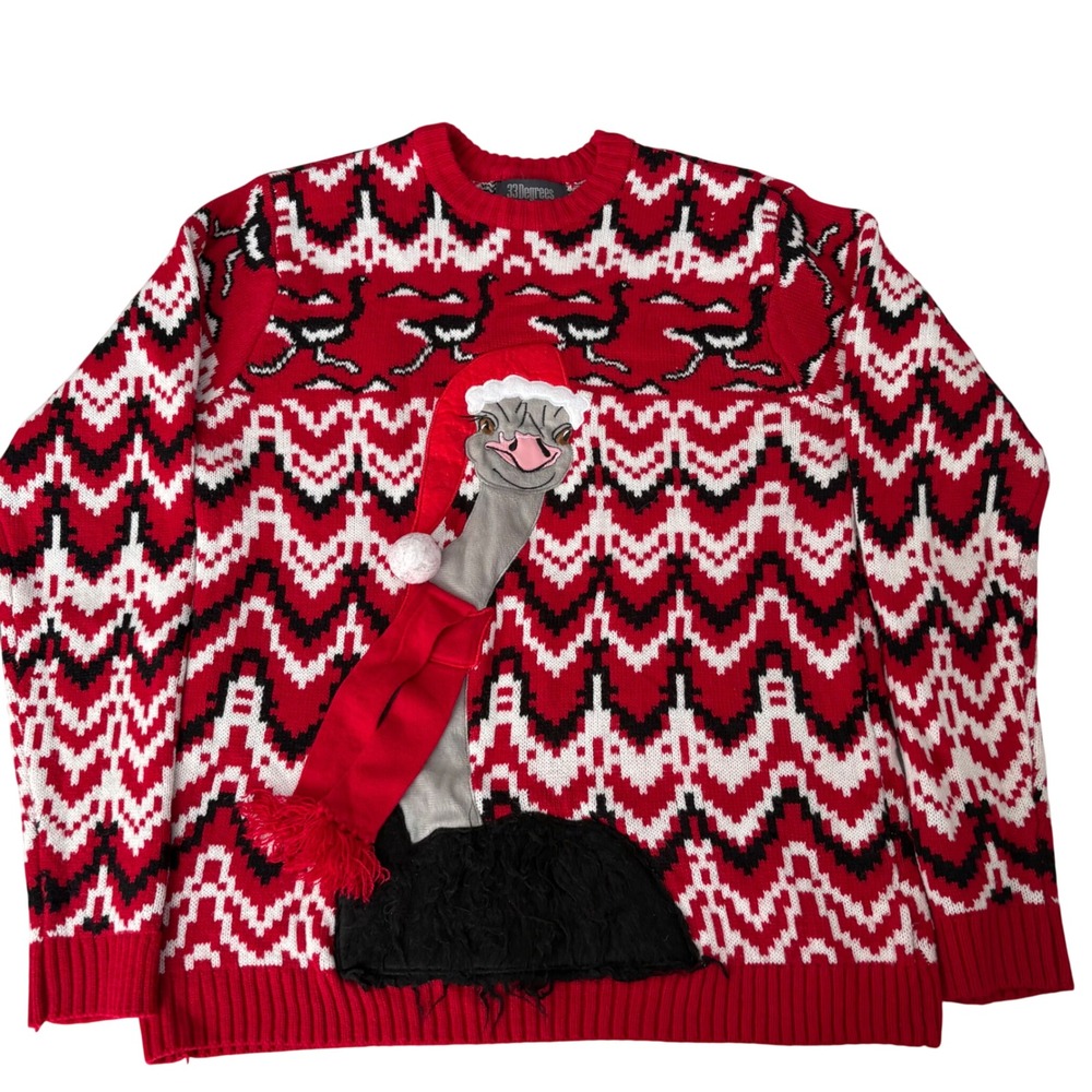 33 Degrees Mens Ostrich Christmas Sweater Red Fair Isle Santa Hat Size M